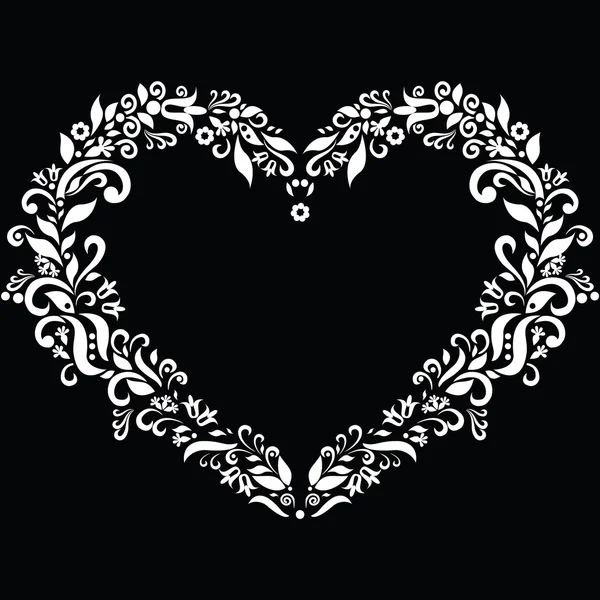 Embroidery inspired heart shape in white with floral elements on black background — Stock Vector