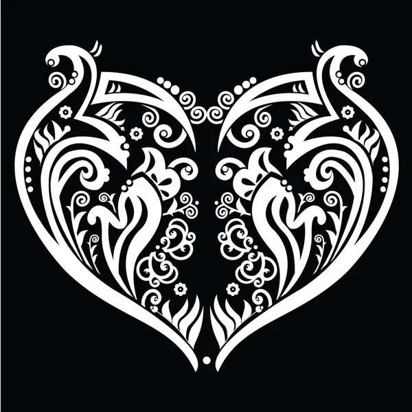 Heart made out of swirls tattoo inspired white on black background — Stock Vector