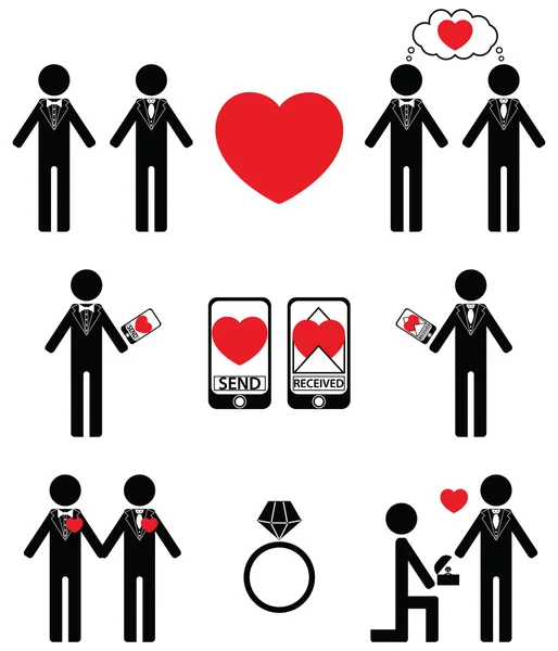 Gay man Falling in love and engagement icons — Stock Vector