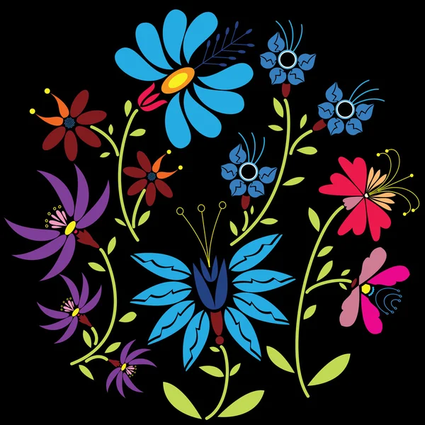 Color Folk Floral pattern in circle on black  background.