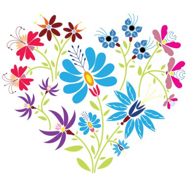 Color folk floral pattern in heart shape on white background