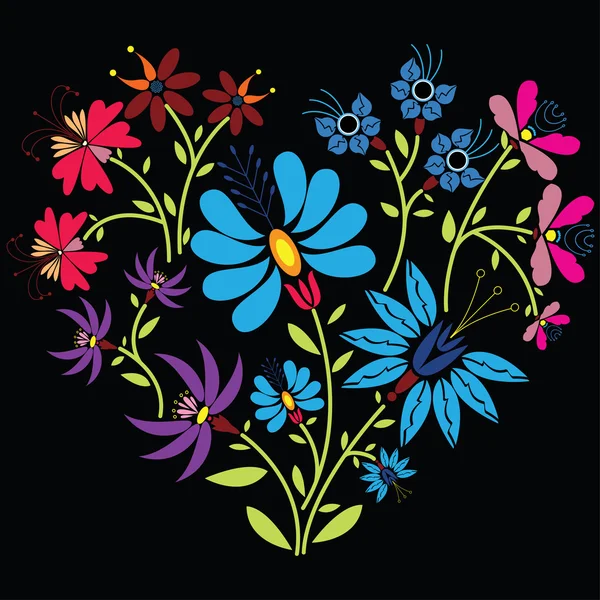 Color folk floral pattern in heart shape on black background — Stock Vector