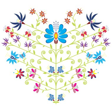 Ethnic folk floral pattern in heart shape on white background