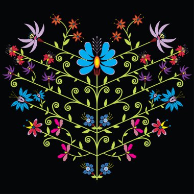 Ethnic folk floral pattern in heart shape on black background.