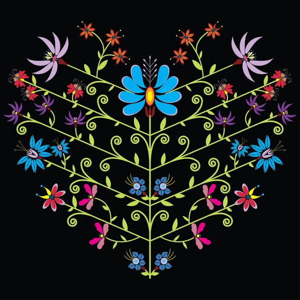 Ethnic folk floral pattern in heart shape on black background.