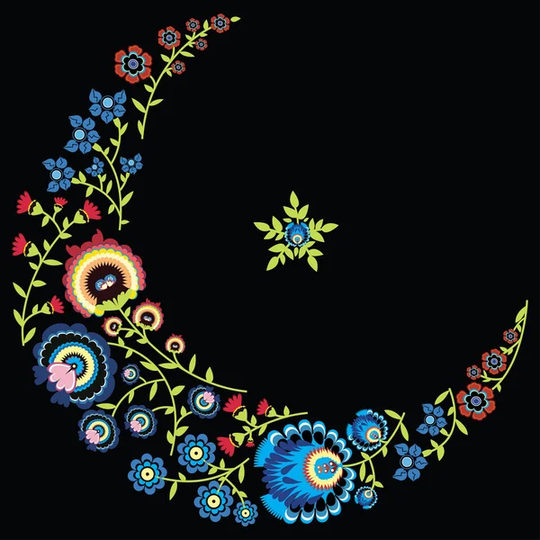Polonais motif floral folklorique en forme de lune fond noir — Image vectorielle