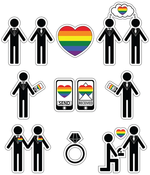 Gay man Falling in love and engagement icons with rainbow element — Stock Vector