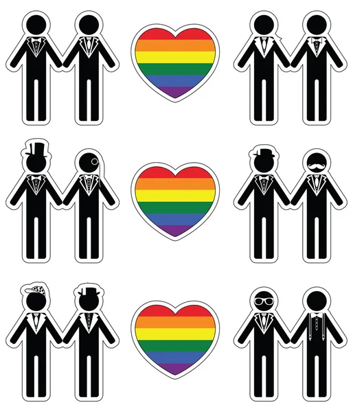 Gay homme mariage 2 icônes ensemble avec arc-en-ciel élément — Image vectorielle