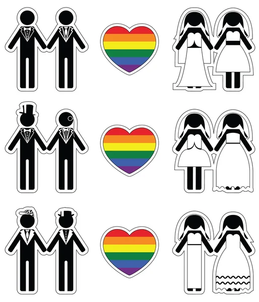 Lesbian brides and gay grooms icon 1 set with rainbow element — Stock Vector