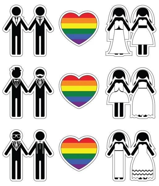 Lesbian brides and gay grooms icon 2 set with rainbow element — Stock Vector