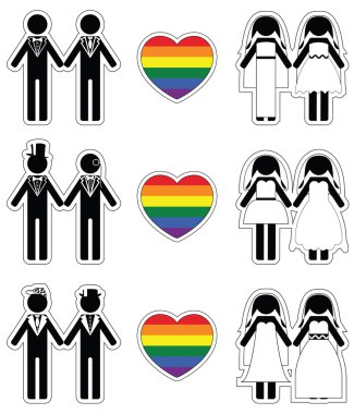 Lesbian brides and gay grooms icon 4 set with rainbow element clipart