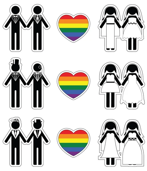 Lesbian brides and gay grooms icon 4 set with rainbow element — Stock Vector