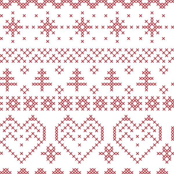 Xmas seamless pattern inspired by Nordic cross patterns including xmas trees, snowflakes, earts — Stock Vector