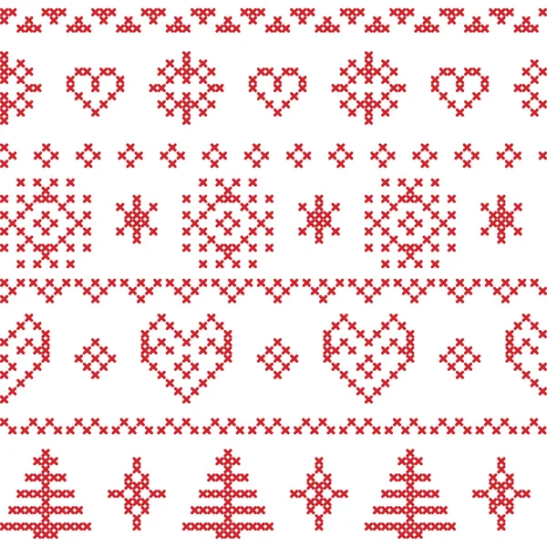 Patrón nórdico con copos de nieve y árboles de Navidad y adornos decorativos, corazones, copos de nieve, estrellas — Vector de stock