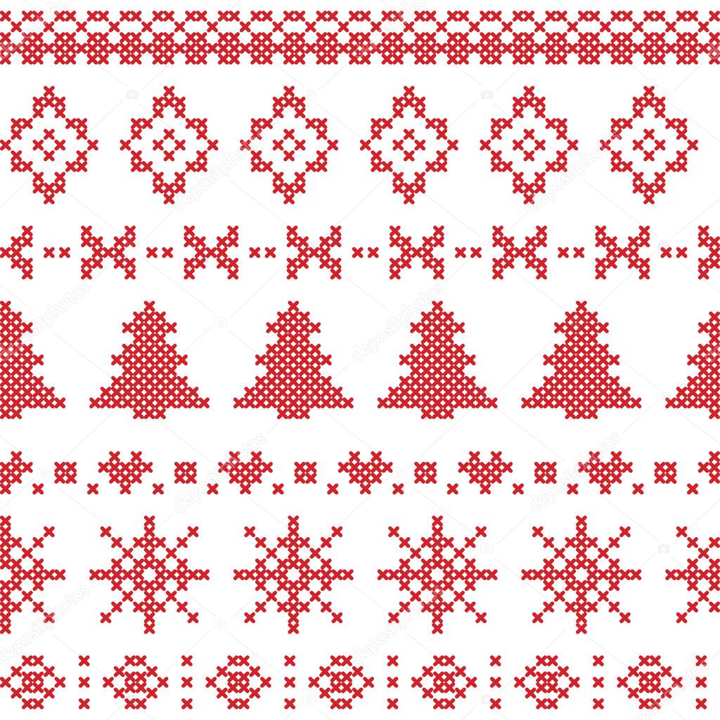 Nordic pattern with christmas elements stitched in red