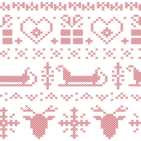 Patrón de Navidad cosido sin costura nórdica con trineo de santas, renos, copos de nieve, corazones — Archivo Imágenes Vectoriales