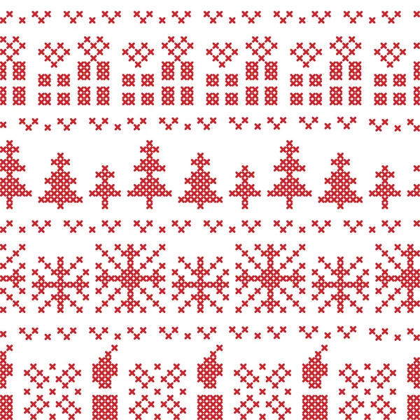 Chritsmas nordiska cross stitch mönster i rött med xmas gåvor, ljus, snöflingor, stjärnor — Stock vektor