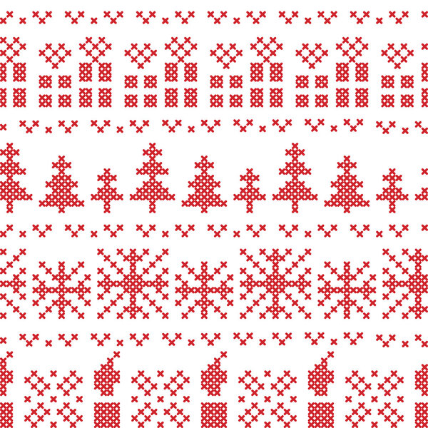 Chritsmas nordic cross stitch pattern in red with xmas gifts, candles, snowflakes, stars