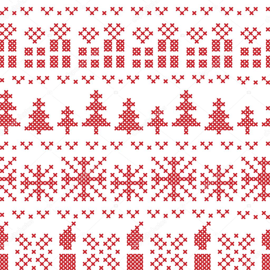 Chritsmas nordic cross stitch pattern in red with xmas gifts, candles, snowflakes, stars