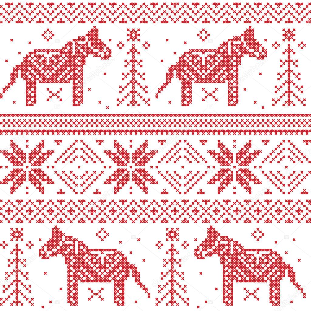 Nordic Christmas pattern with stars, snowflakes, horses in cross stitch