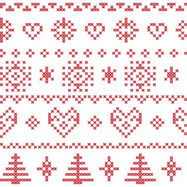 Kar taneleri, yıldızlar ve beyaz arka plan üzerinde kırmızı dekoratif süsler ile tekstil desenleri esinlenerek Dikişsiz Noel İskandinav desen 