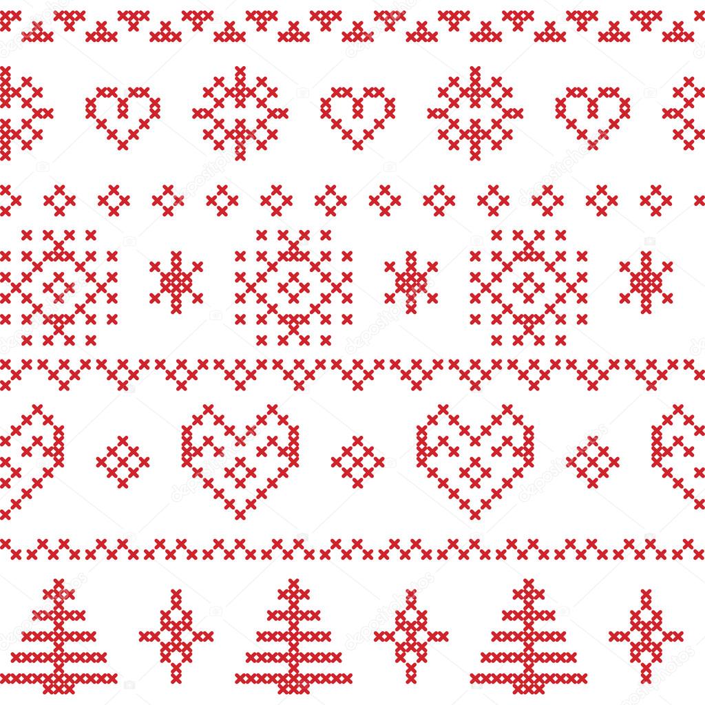 Seamless Christmas Nordic pattern inspired by textile patterns with snowflakes, stars and  decorative ornaments in red on white background 