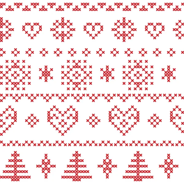 Patrón nórdico con copos de nieve y árboles de Navidad y adornos decorativos — Vector de stock