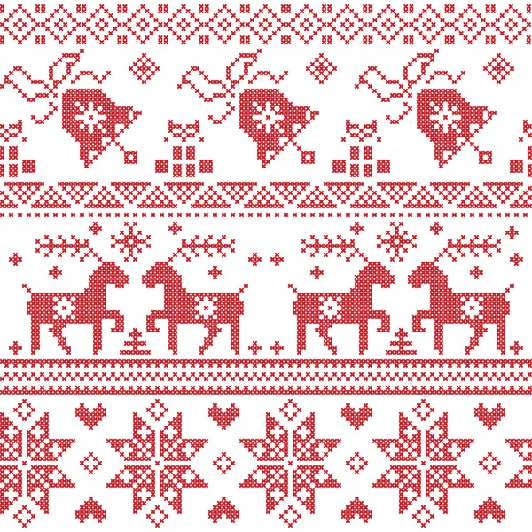 Kerstmis Nordic cross stitch patroon met inbegrip van rendieren, sneeuwvlok, ster, kerstboom, bell, presenteert in het rood — Stockvector