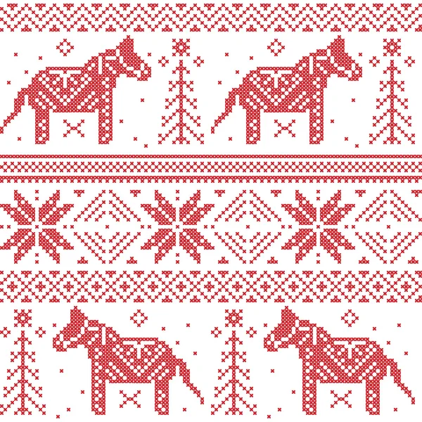 Nordic Christmas pattern with stars, snowflakes, horses in cross stitch. — Stock Vector