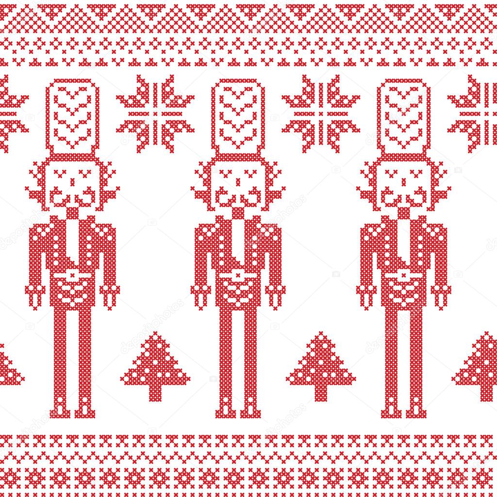 Scandinavian Nordic Christmas  pattern with nutcracker soldier , Xmas trees , snowflakes, stars, snow in red