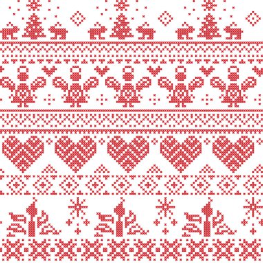 Melekler, Noel ağaçları, tavşan, kar taneleri, İskandinav Nordic Noel sorunsuz Çapraz dikiş deseni mum beyaz ve kırmızı ile dekoratif süsler
