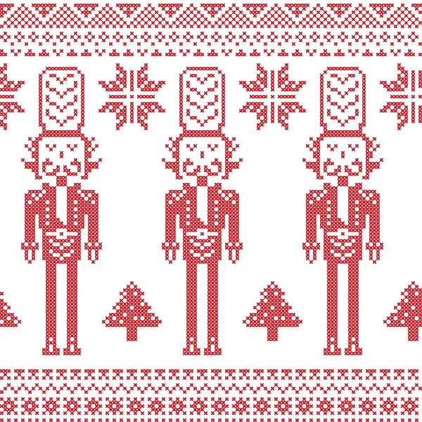 Scandinavian Nordic Christmas  pattern with nutcracker soldier , Xmas trees , snowflakes, stars, snow in red — Stock Vector