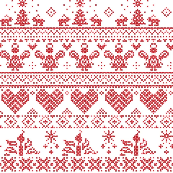 Padrão de ponto de cruz nórdico escandinavo sem costura de Natal com anjos, árvores de Natal, coelhos, flocos de neve, velas em branco e vermelho com ornamentos decorativos — Vetor de Stock