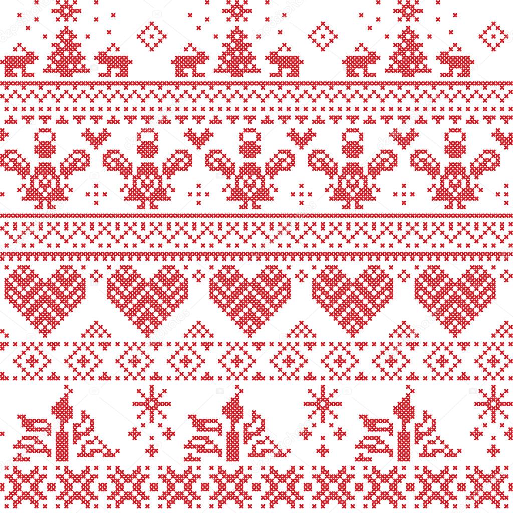 Scandinavian Nordic Christmas seamless cross stitch pattern with angels, Xmas trees, rabbits, snowflakes, candles in white and red with decorative ornaments
