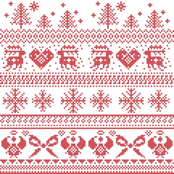 Patrón de Navidad nórdica escandinava con renos, conejos, árboles de Navidad, ángeles, arco, corazón, en punto de cruz — Vector de stock