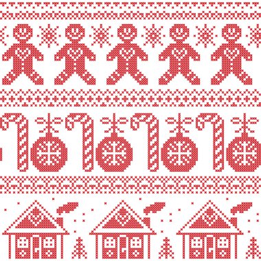 Zencefil Ekmek adam, şeker, zencefil evi, biblo, Kızıl Haç dikiş ağaçlarda xmas İskandinav Nordic seamless modeli