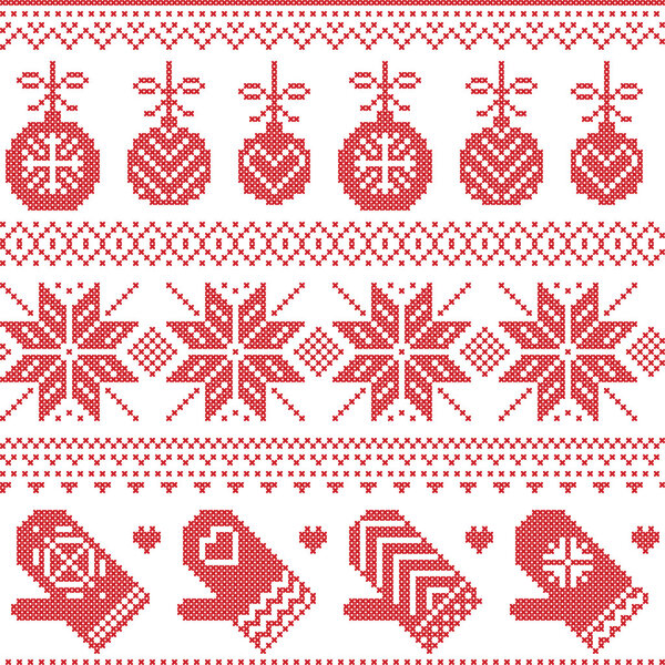 Scandinavian Nordic seamless Christmas pattern with Xmas baubles, gloves, stars, snowflakes, Xmas ornaments, snow element, hearts in red cross stitch