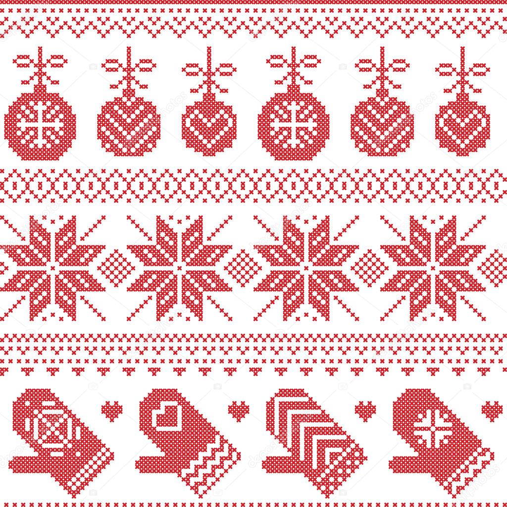 Scandinavian Nordic seamless Christmas pattern with Xmas baubles, gloves, stars, snowflakes, Xmas ornaments, snow element, hearts in red cross stitch