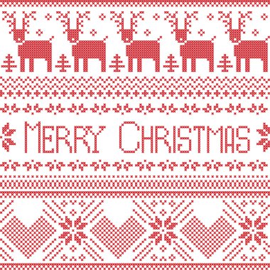 İskandinav neşeli Noel işareti Çapraz dikiş nordic desende Ren geyiği, kar tanesi, ağaç, yıldız, dekoratif çiçek ve süs eşyaları ile kırmızı esinlenerek