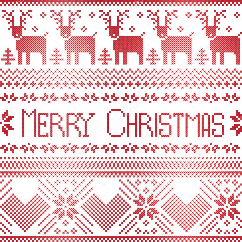 Scandinavian merry christmas sign inspired by  nordic pattern in cross stitch with reindeer, snowflake, tree, stars, decorative flowers and  ornaments in red