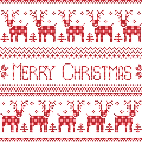 Skandinavisch inspirierte frohe Weihnachten nordisches Muster mit 2 Reihen Rentiermuster, Schneeflocken, Bäumen, dekorativen Ornamenten in rotem Kreuzstich — Stockvektor