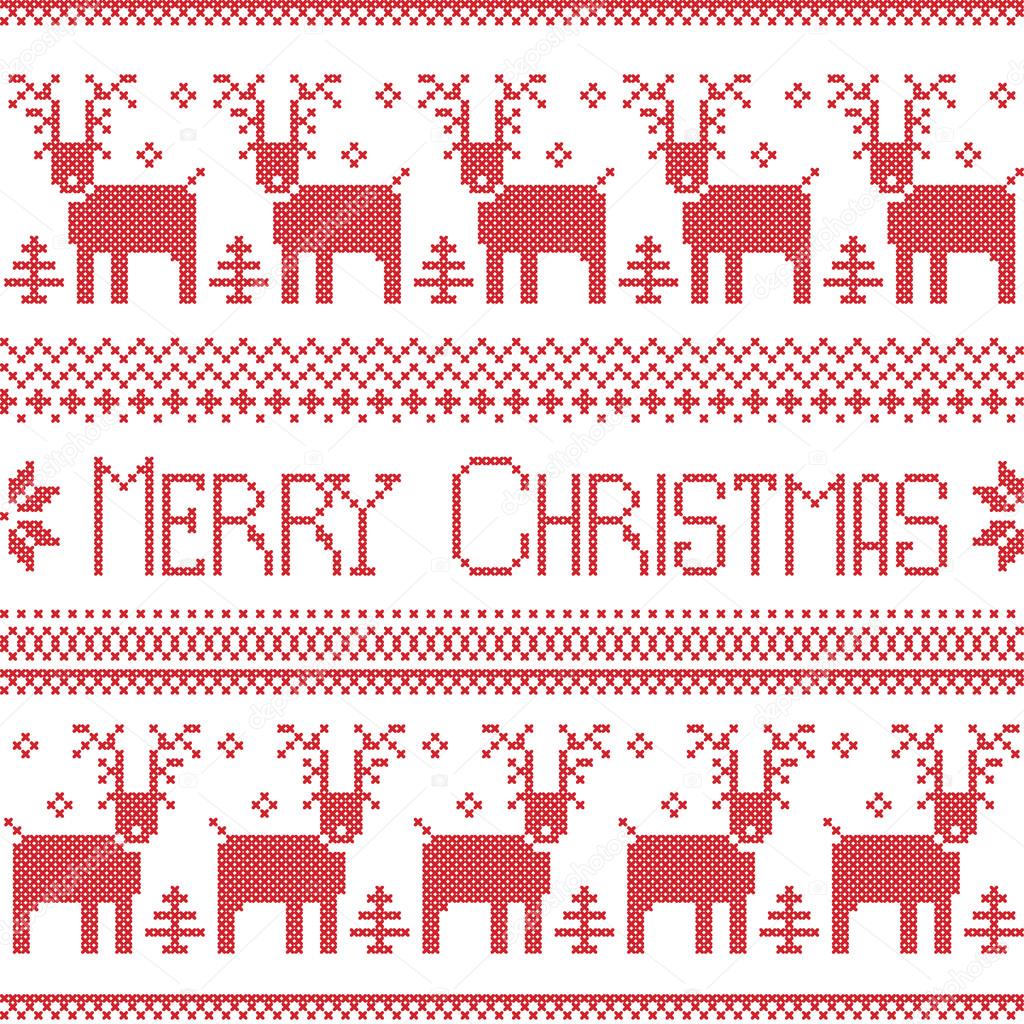 Scandinavian inspired Merry Christmas nordic pattern with  2 rows of  reindeer patten, snowflakes, trees, decorative ornaments in red cross stitch