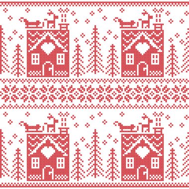 İskandinav Nordic Noel kurabiye evi, kar, Ren geyiği, Noel Baba'nın kızağı, ağaçlar, yıldız, kar, Noel hediyesi ile seamless modeli, kar taneleri Kızıl Haç dikiş