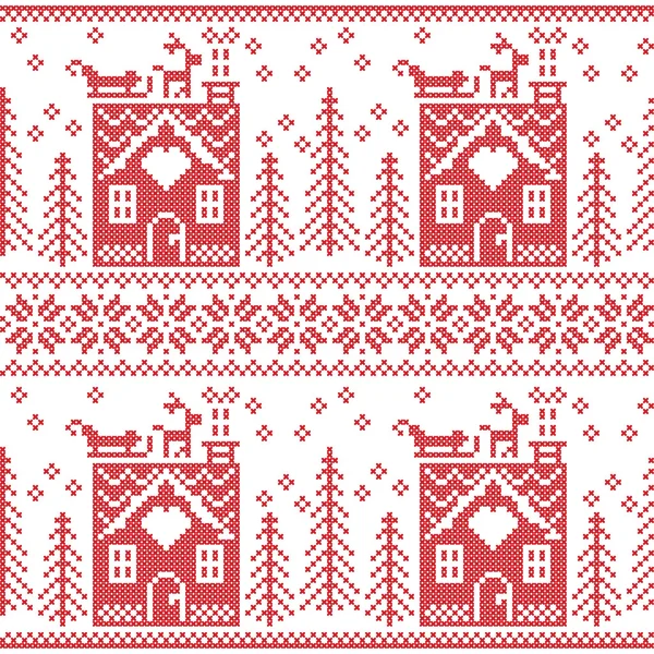 Scandinavian Nordic Christmas seamless  pattern with gingerbread house, snow, reindeer, Santa's  sleigh, trees, star, snow, Xmas gift, snowflakes in red cross stitch — Stock Vector