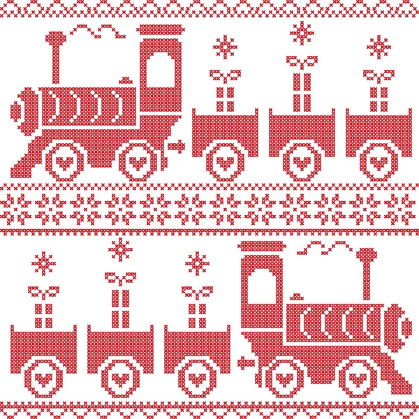 Scandinavian Christmas Nordic Seamless Pattern with gravy train, gifts, stars, snowflakes, hearts, snow, in cross stitch pattern — Stock Vector