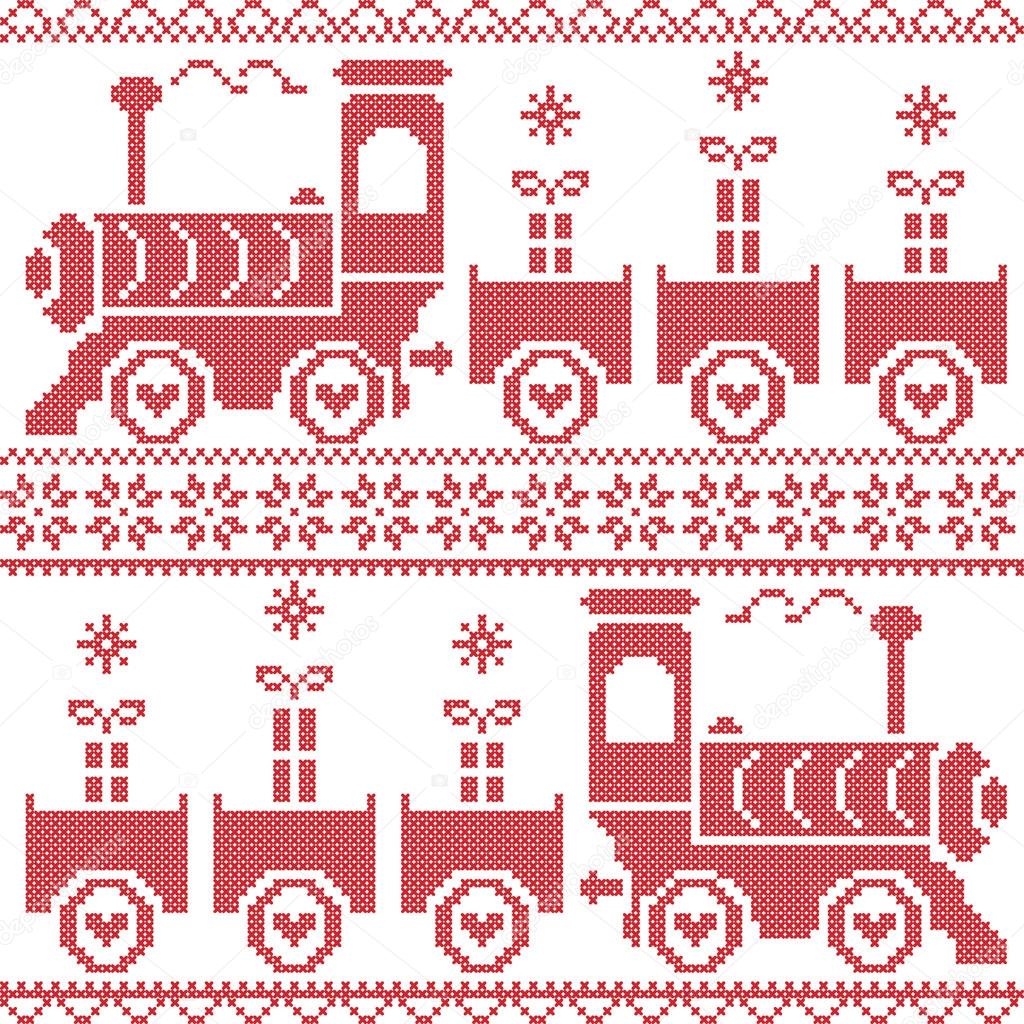 Scandinavian Christmas Nordic Seamless Pattern with gravy train, gifts, stars, snowflakes, hearts, snow, in cross stitch pattern