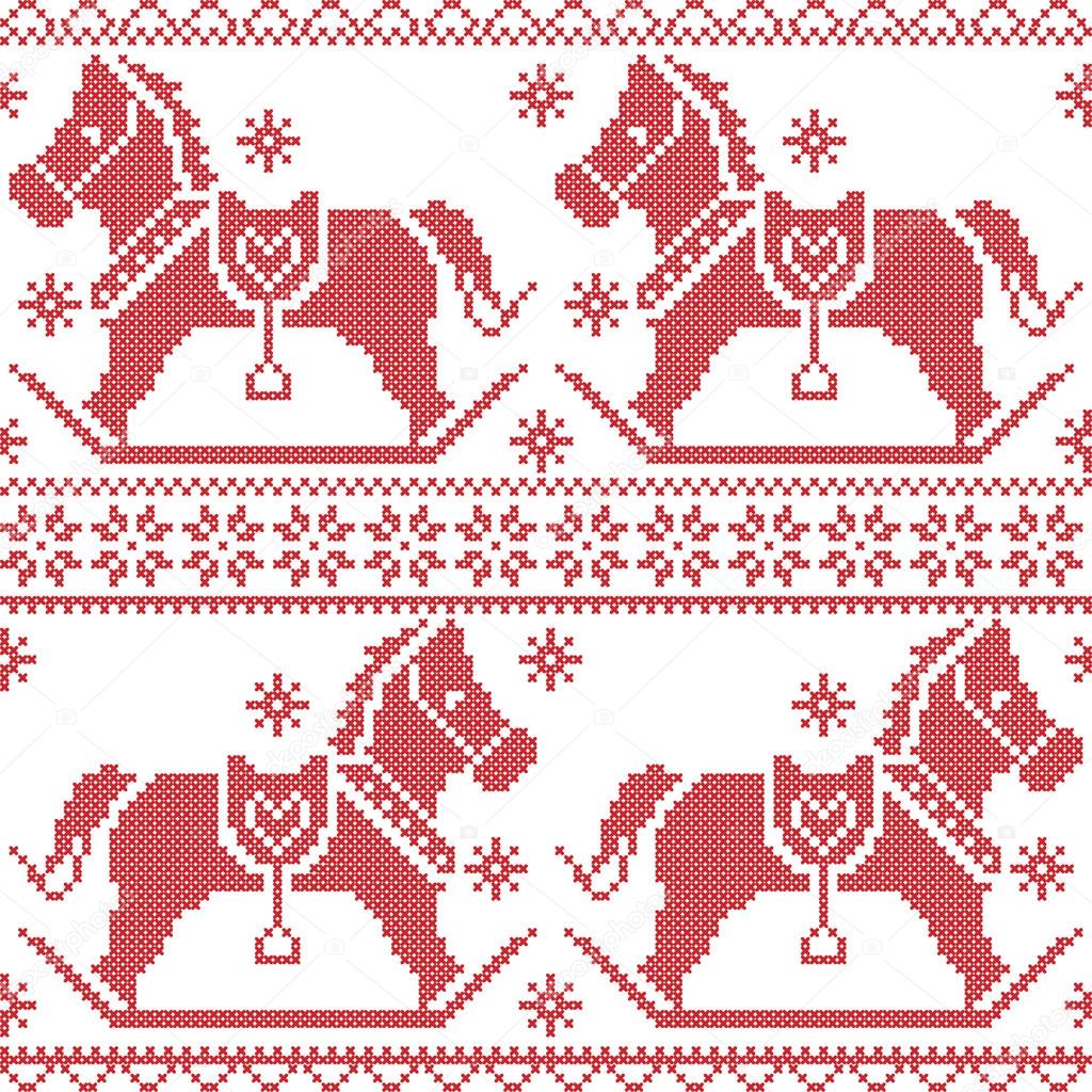 Scandinavian seamless Nordic Christmas pattern with rocking horses, snowflakes,hearts,  snow, stars, decorative ornaments in red cross stitch