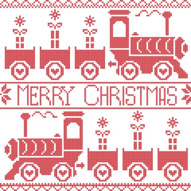 Neşeli Noel İskandinav sorunsuz Nordic desenle sos tren, Xmas hediye, kalp yıldız, Kızıl Haç dikiş içinde kar taneleri