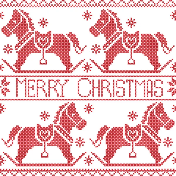Feliz Navidad patrón nórdico sin costuras escandinavo, balanceo caballo de caballo de dala pony, estrellas, copos de nieve en punto de cruz roja — Archivo Imágenes Vectoriales