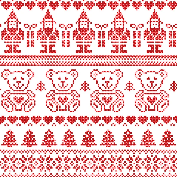 Scandinavian inspirowane Nordic xmas wzór z elfa, gwiazdy, misie, śnieg, święta drzewa, płatki śniegu, gwiazdy, śnieg, dekoracyjne ozdoby w red cross stitch — Wektor stockowy